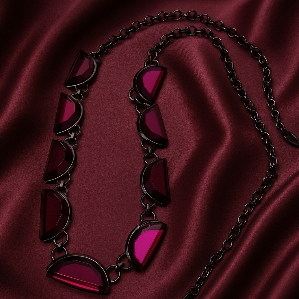 Coldwater Creek Bold Statement Necklace | Black Half-Moon Beads, Pink Gems